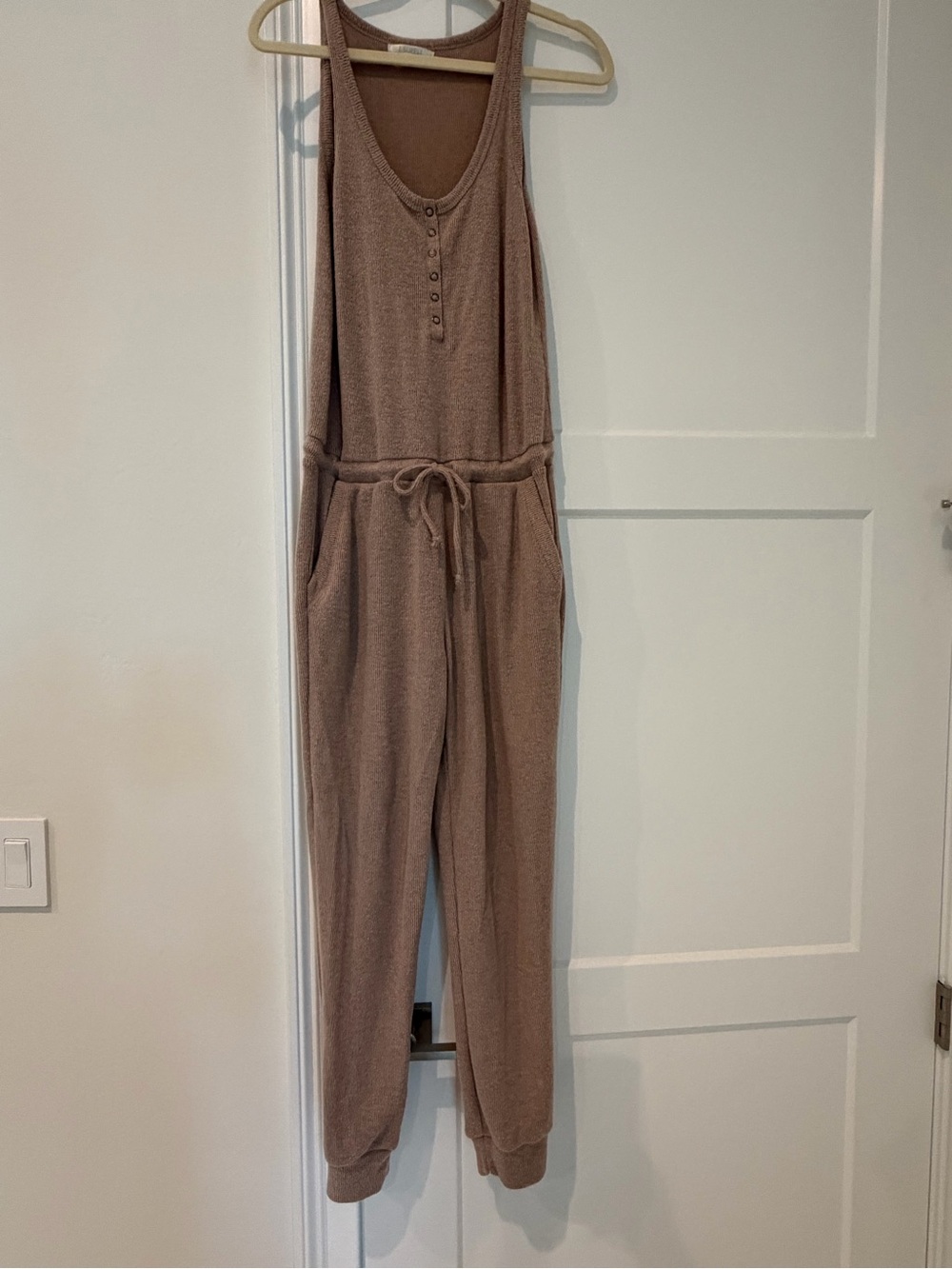 Z Supply Sleeveless Knit Jumpsuit in Taupe with Drawstring Waist